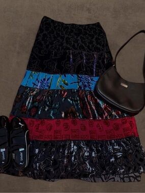 Chico's Multicolor Tiered A-Line Skirt — Black, Blue, Burgundy